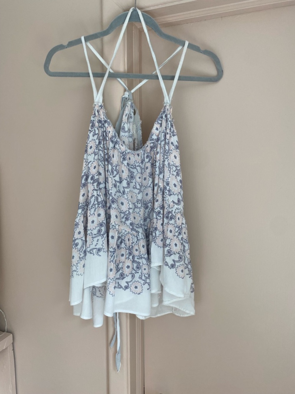 Free People Boho Floral White & Blue/Gray soft Peach/Pink flowy top